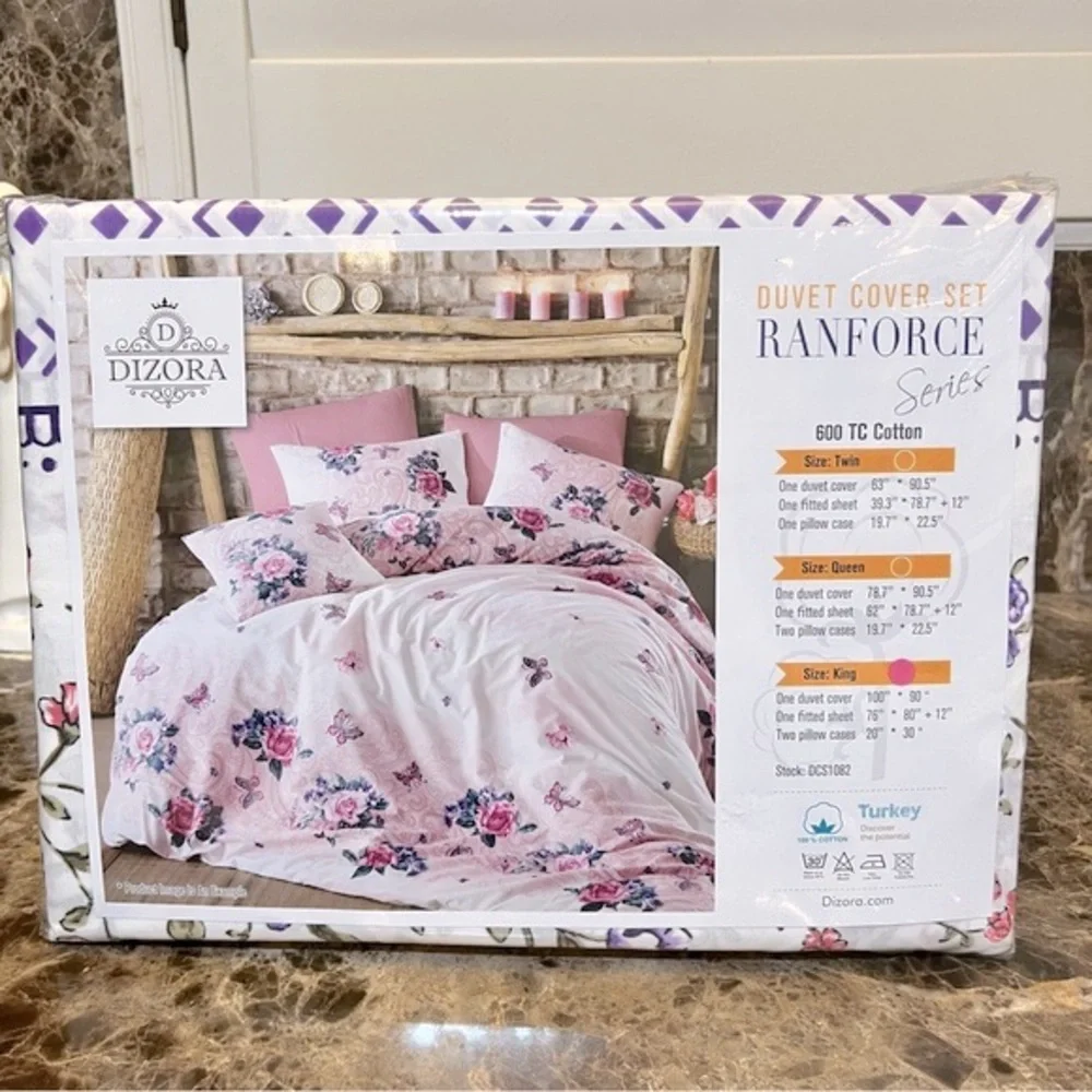 NWT-100% Turkish Cotton-KING Bed-4 Piece Floral Duvet Cover Set-Ranforce Series